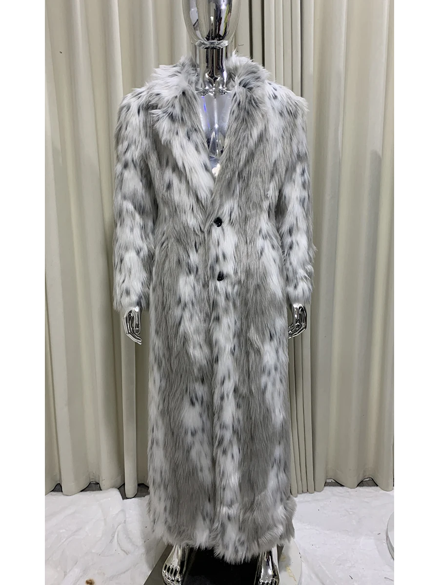 Autumn Winter Extra Long Fitted Colorful Leopard Print Thick Warm Faux Fur Coat Men Single Breasted Luxury Fluffy Overcoat 2025