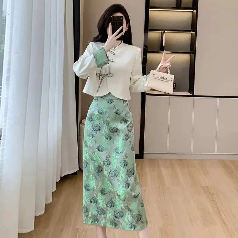 Insozkdg New Chinese Style Brocade High-Waist Skirt Suits Women 2024 Spring New Elegant Two-Piece Set with Side Slit Fashionable