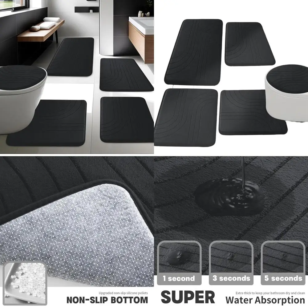 

Набор из 5 мягких нескользящих ковриков для ванной из пены с эффектом памяти, толстые коврики для ванной комнаты для ванны, туалета и пола (черный)