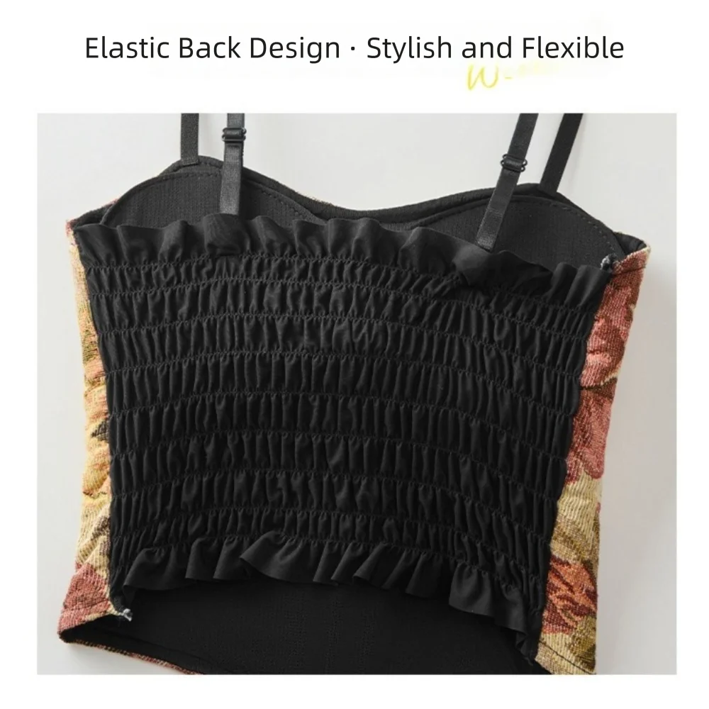 Fashion Retro One-Piece Thin Vest Sleeveless with Chest Pad Short Top Floral Embroidery Camisoles Women