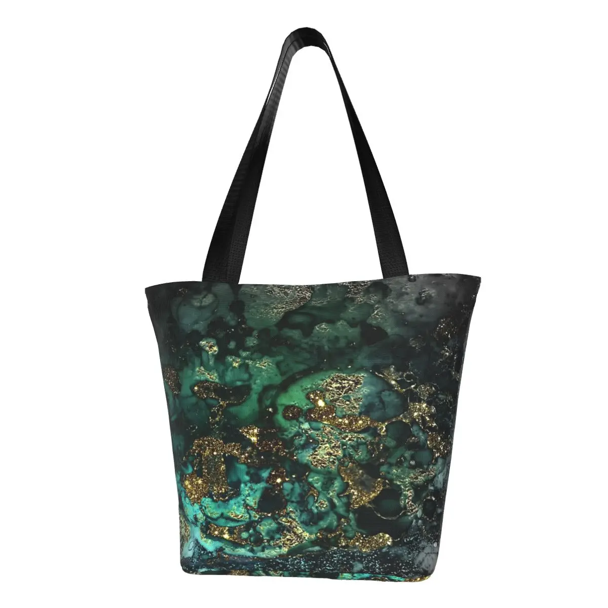 Gold Indigo Faux Malachite Marble Casual Shoulder Tote Shopping Bag Lightweight Wider Handloom For Travelling Halloween Gift