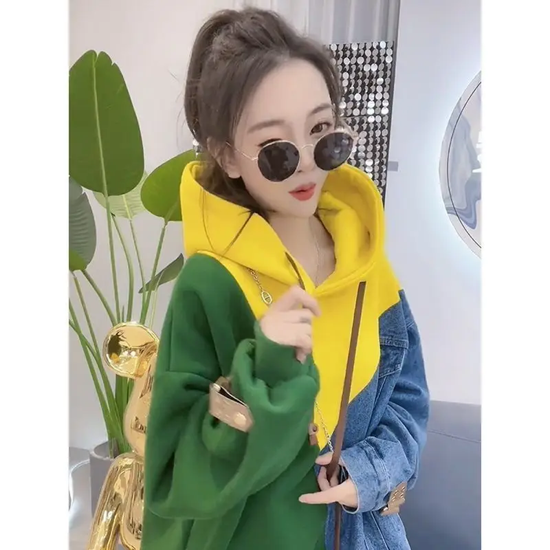 Women Trendy Contrast Color Patchwork Oversize Streetwear Hooded Sweatshirts Y2K Korean Casual Chic Long Sleeve Pullover Hoodies