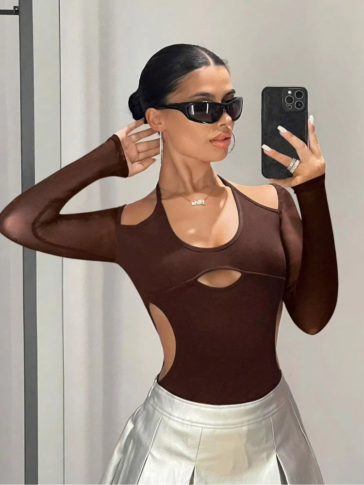 

Женское боди Y2K с вырезами и длинными рукавами, сетчатое сексуальное облегающее боди с открытой спиной, уличная одежда для пикантных девушек, готическое вечерние клубное боди