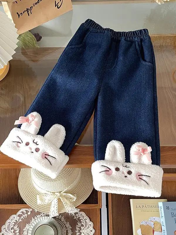 

Girls Winter Faion Thiened Fce Wide Leg Jeans Rabbit Fur Cuff Trendy Casual Straight Leg Pants for Kids under 7