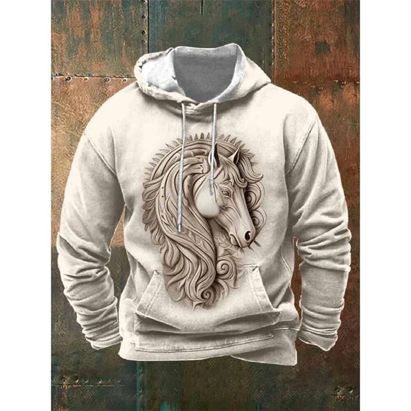 Vintage Embossed Horse Pattern Hoodie For Men Fashion Casual 3D Animals Printed Long Sleeve Sweatshirts Loose Comfort Pullovers