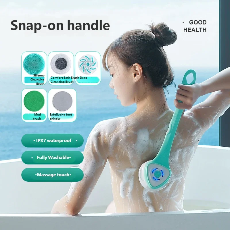 HOMEFISH Waterproof Electric Massage Shower Brush Multifunctional Long Handle Back Scrubbing Facial Washing Device for Bathroom