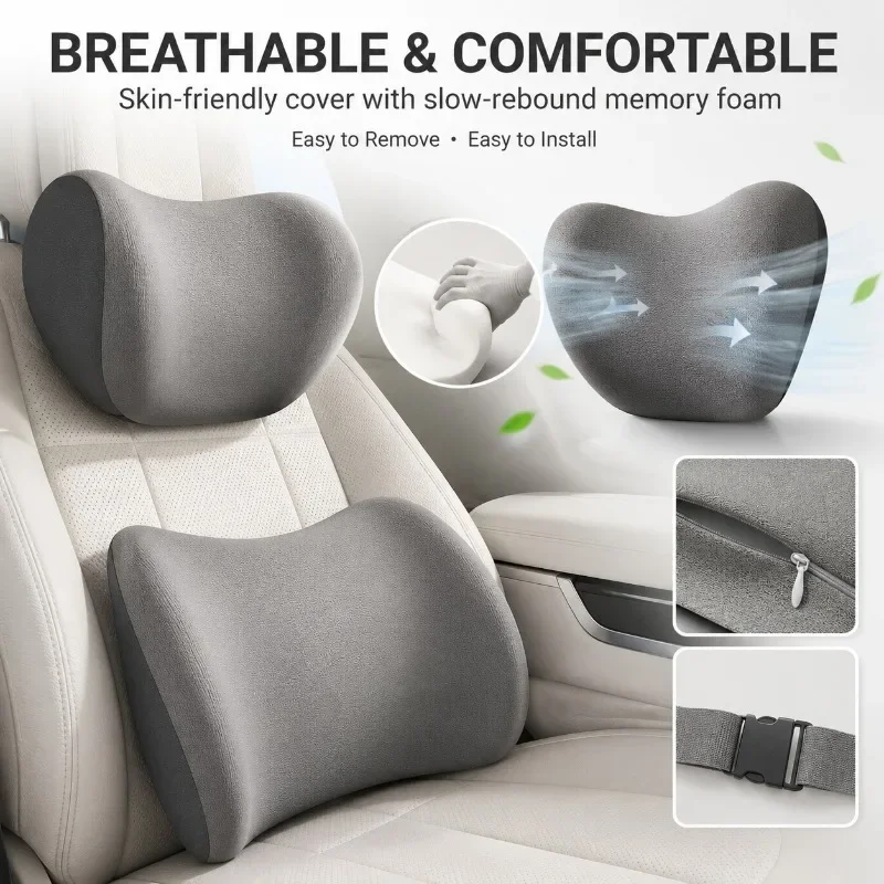 Memory Foam Car Neck Pillow Protective Lumbar Back Support Auto Headrest Cushion Relieve Stress Seat Pillow Set Car Accessories