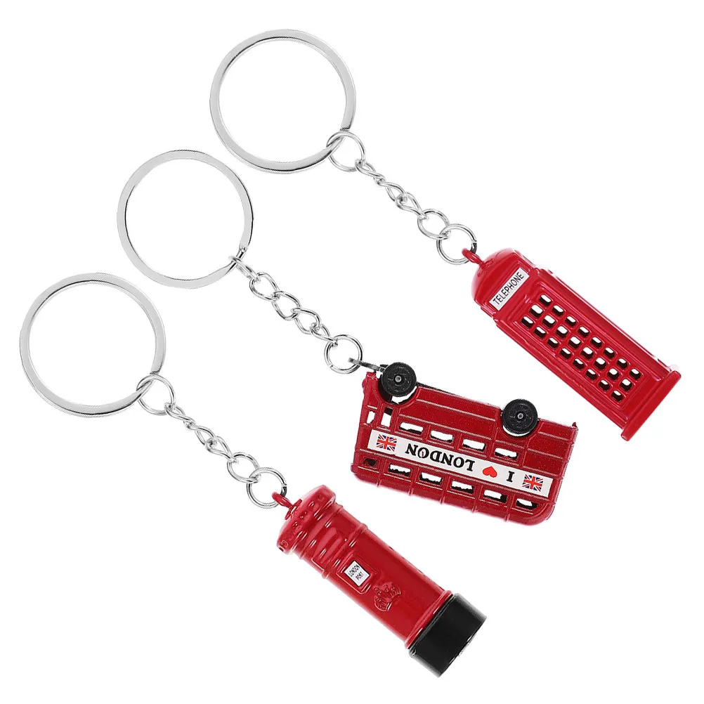 3pcs London Bus Mailbox Telephone Booth Keychains Vintage British Landmark Souvenir Set For Travel Friends Family Die-Cast