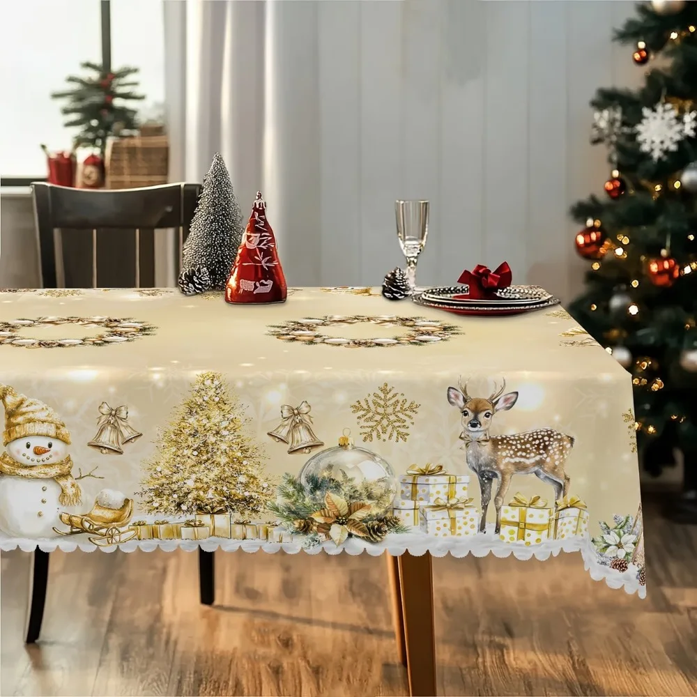 Round/Rectangular White Gold Christmas Tablecloth Non-slip Waterproof Snowman Table Cover Oil-resistant Elk Wreath Design