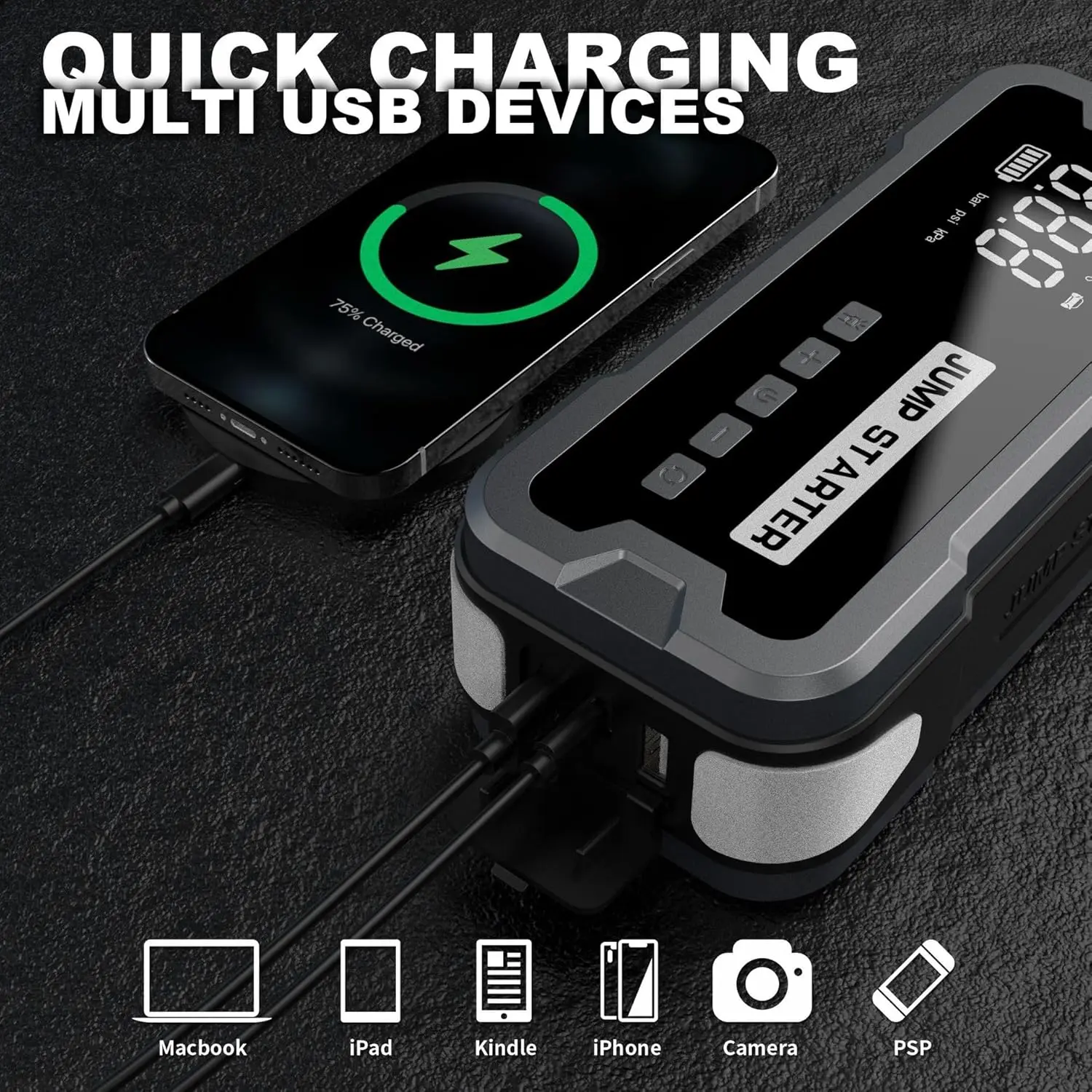 Arrancador portátil 4 en 1 para automóvil: 3000 A, compresor de aire de 150 PSI, banco de energía de 24000 mAh, linterna de 3 modos