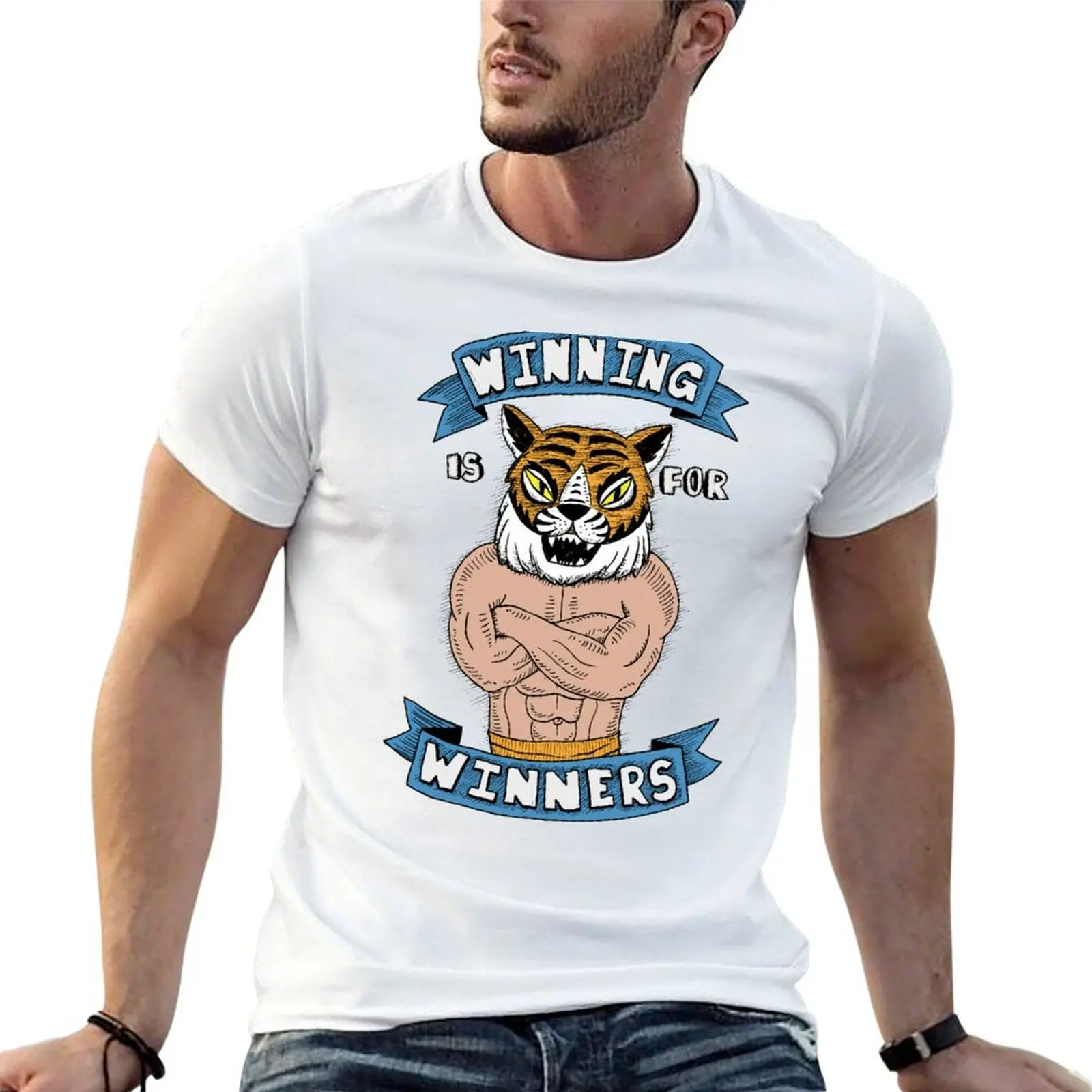 تي شيرت تايجر مان فوز دائمًا تي شيرت للرجال جرافيك مضحك رجل تي شيرت قطن أنيمي تي شيرت كبير الحجم