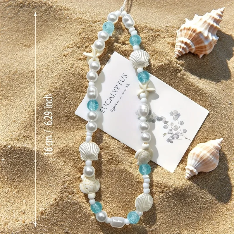 Blue Sea Star Shell Beaded Phone Chain For Phone Case Charm Strap Wrist Trendy Pendant For iPhone Samsung Universal Accessories