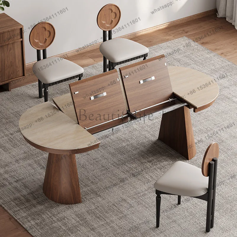 

Travertine rock slab multi-functional dining table invisible foldable dining table light luxury small apartment