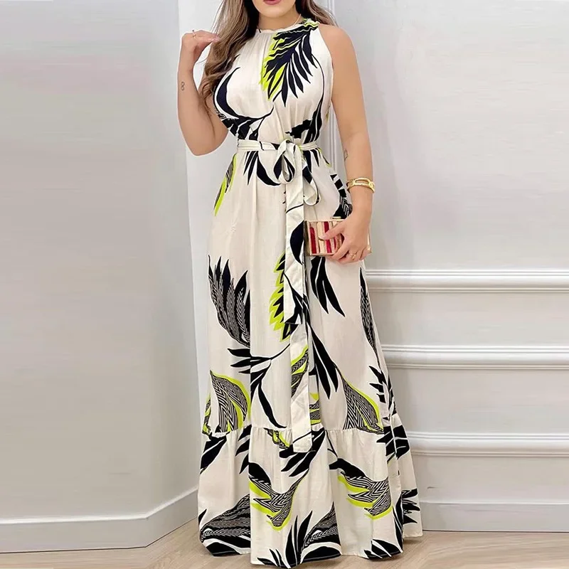 

Sexy Women's Printed Floor Length Skirts Summer Sleeveless Hanging Neck Lace Up Long Dress Holiday Beach Sundress