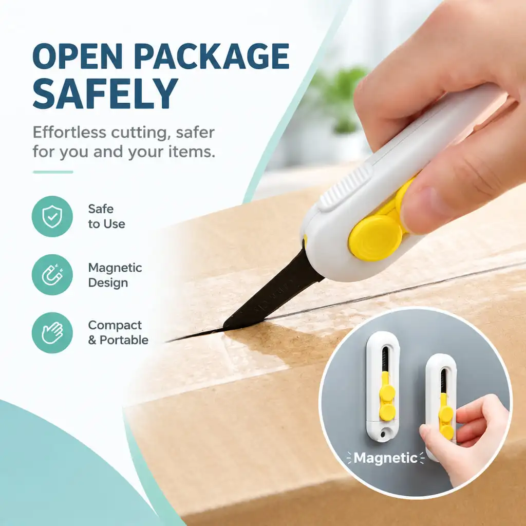 Magnetic Box Cutter Mini Utility Knife for Opening Packages Letters and Tape Retractable Adjustable Blade White Plastic Case
