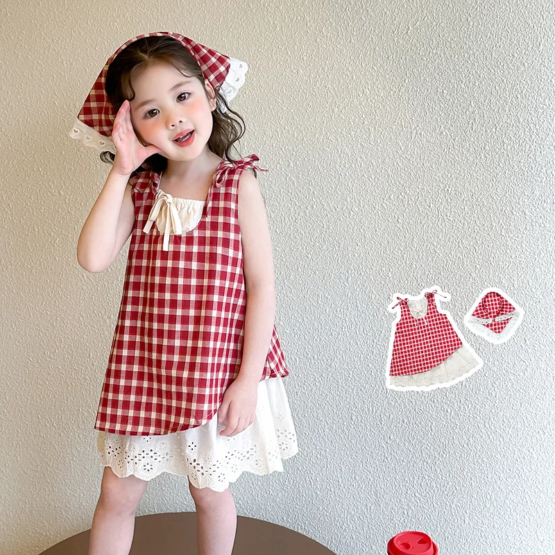 

Baby Girls Dresses Toddler Girls Plaid Dress+Kerchief Size 2-9Y Sweetheart Classic A-Line Dress Child Summer Sleeveless Dresses