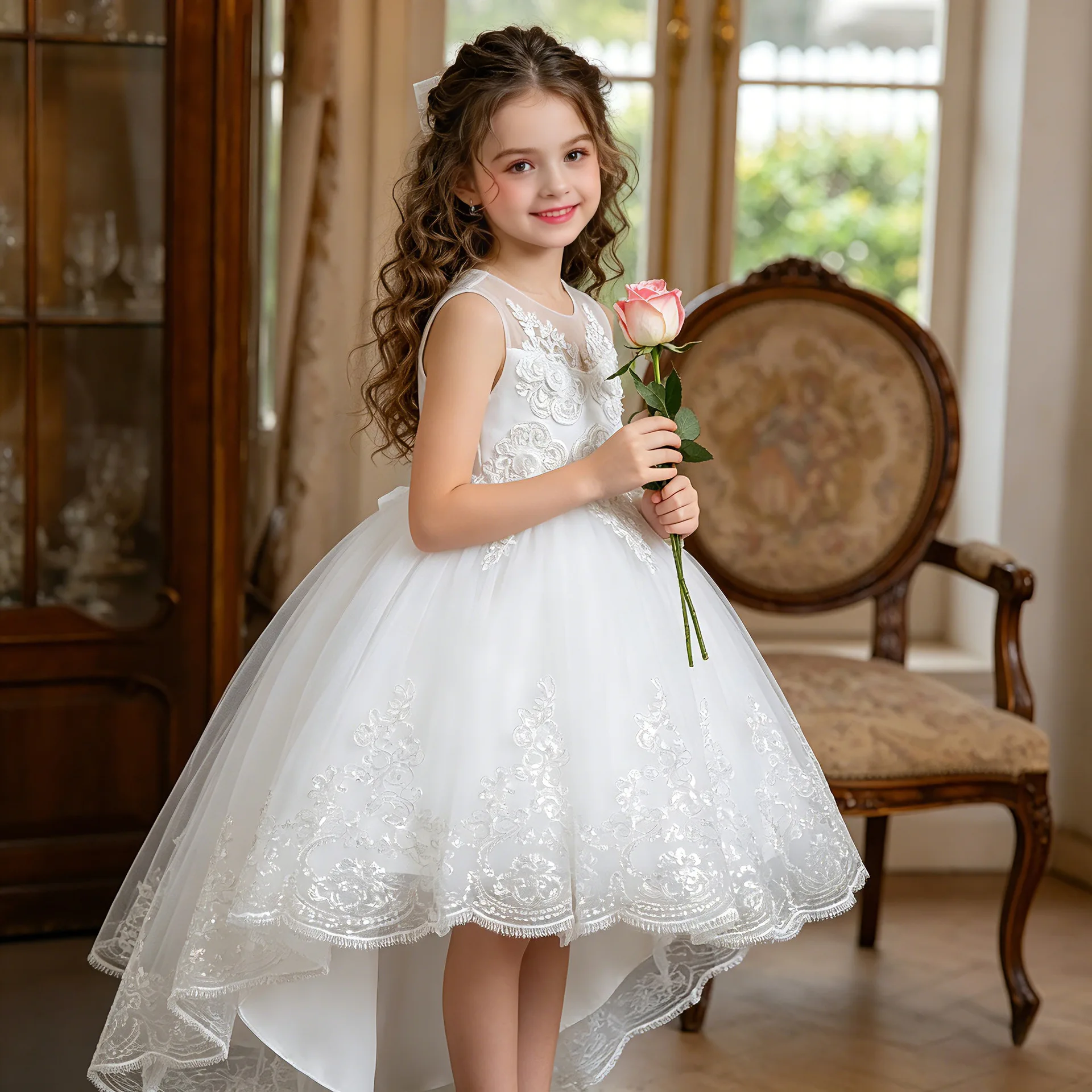 Custom High-Low Flower Girl Dress Illusion Neck 3D Floral Lace Sequined Tulle Skirt Kids Piano Recital Christmas Party Gown
