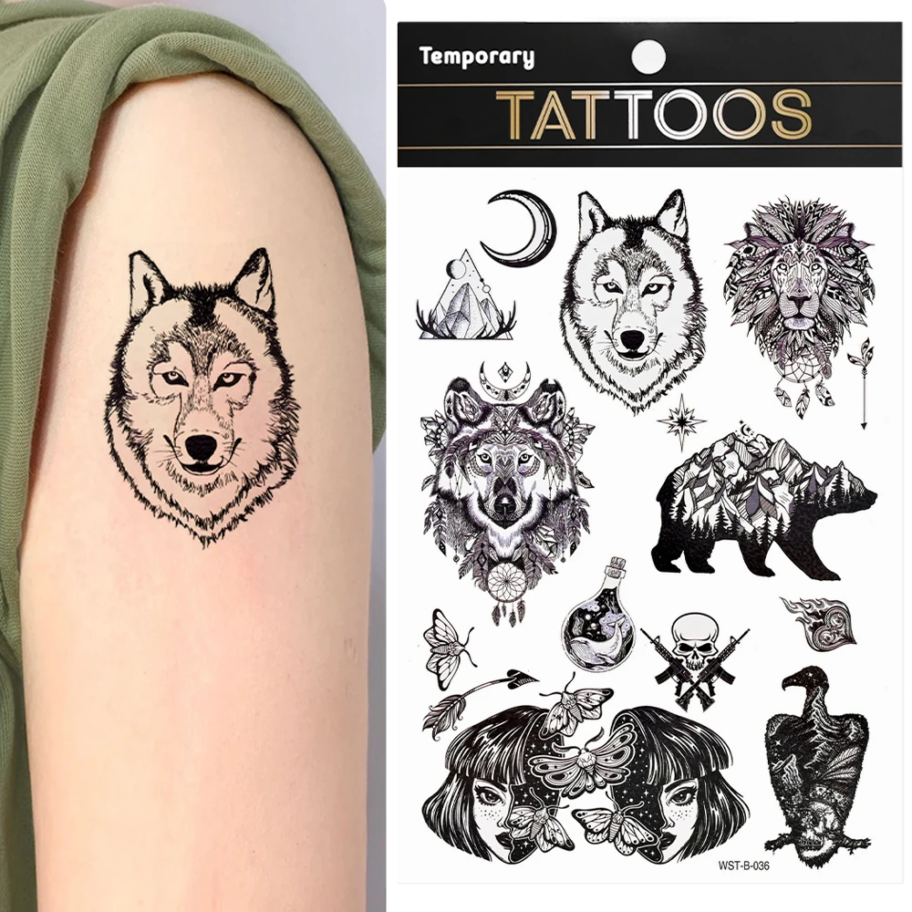 Tatuajes Temporales impermeables para hombres y mujeres, pegatina de tatuaje falso, arte de transferencia negra, cuerpo, brazo, bosque, León, Tigre, oso