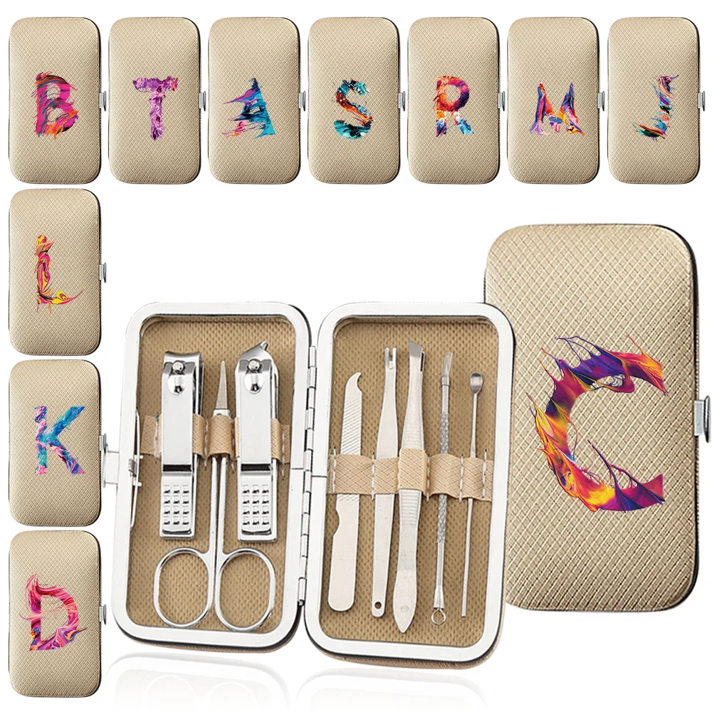 

8Pcs Manicure Set Stainless Steel Nail Clippers Kit Portable Pedicure Tool Pocket Nipper Trimmer Organizer Paint Letter Pattern