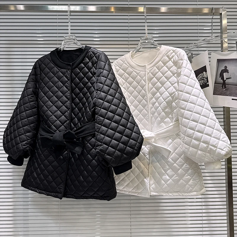 2025 winter new diamond grid pattern pressed cotton medium long loose cotton jacket women's solid simple round neck jacket