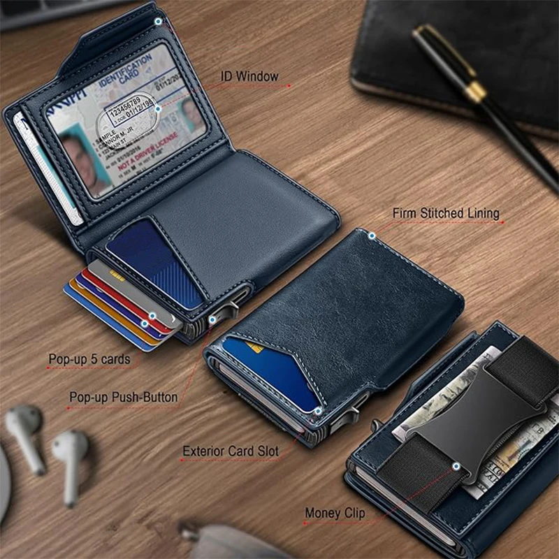 YATBEST Men's Card Bag RFID Anti-Theft Brush Multifunctional Elastic Band Large Capacity Automatic Pop-up Aluminum Box Wallet