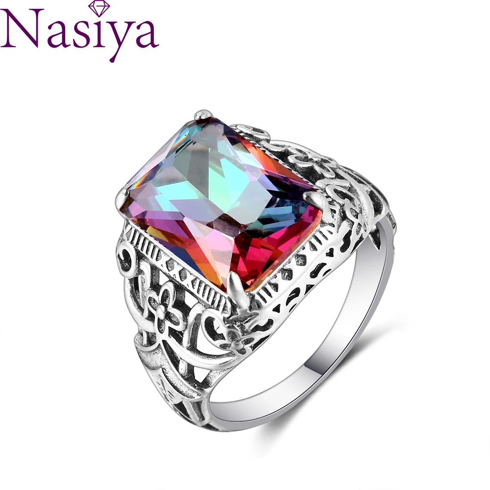 Silver Rings Mystic Topaz Zircon Women Hollow Out Design Fine Jewelry Bridal Wedding Engagement Ring Accessory