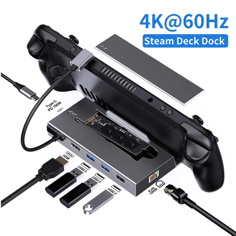 

USB C Docking Station for Steam Deck Nintend Switch M.2 SSD HUB Type C to 4K@60Hz HDMI-compatible Gigabit Ethernet USB3.0 Hub
