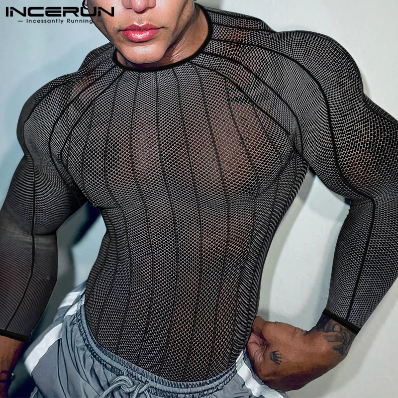 Party Nightclub Style Tops INCERUN Men\'s See-through Thin Design T-shirts Sexy Leisure Male Hot Sale Long Sleeved Camiseta S-3XL