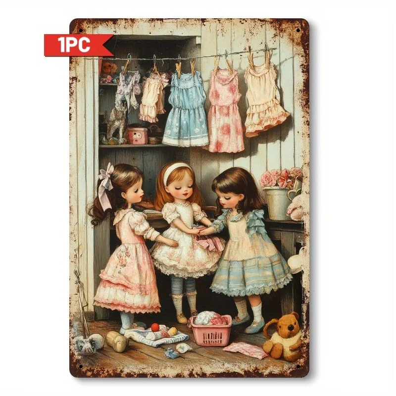 Little Girl Doing Laundry Themed Metal  Stylish Vintage Metal Wall Art | Pre-Drilled for Easy Hanging | Perfect Choice for