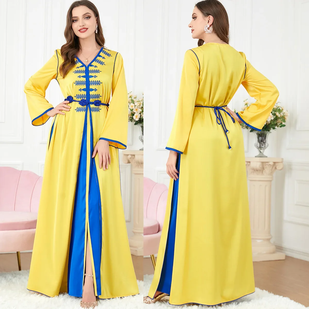 

Women's Dinner Evening Dress Embroidered Slit Long Dress for Women Vintage Dubai Abaya Muslim Sets 2ps Clothes for Muslim Women