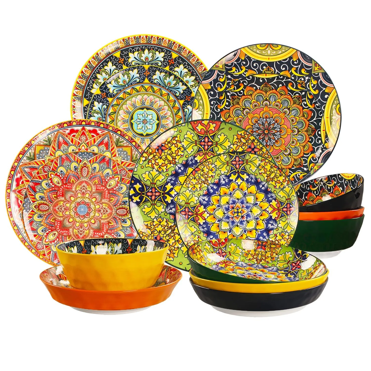 طقم أدوات مائدة سيراميك طقم أواني طعام بورسلين ماندالا أنيق لـ 4 أشخاص مع أطباق وأطباق أدوات مائدة أنيقة ومتينة مثالية