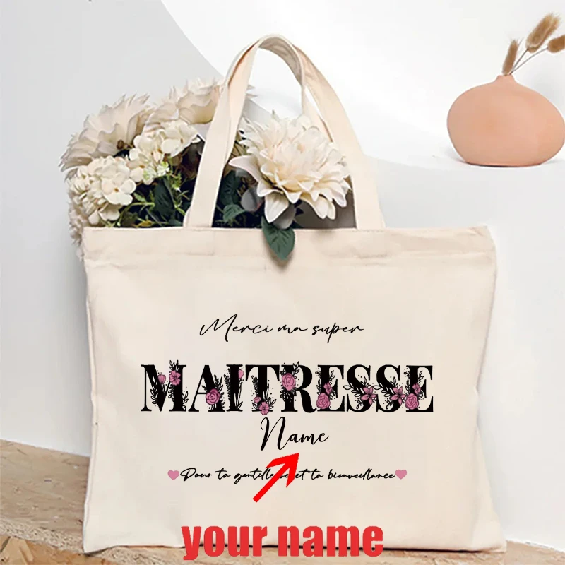 Custom Name Merci Maîtresse Canvas Tote Bag, French Teacher Appreciation Gift Bag, Personalized Floral Teacher Tote