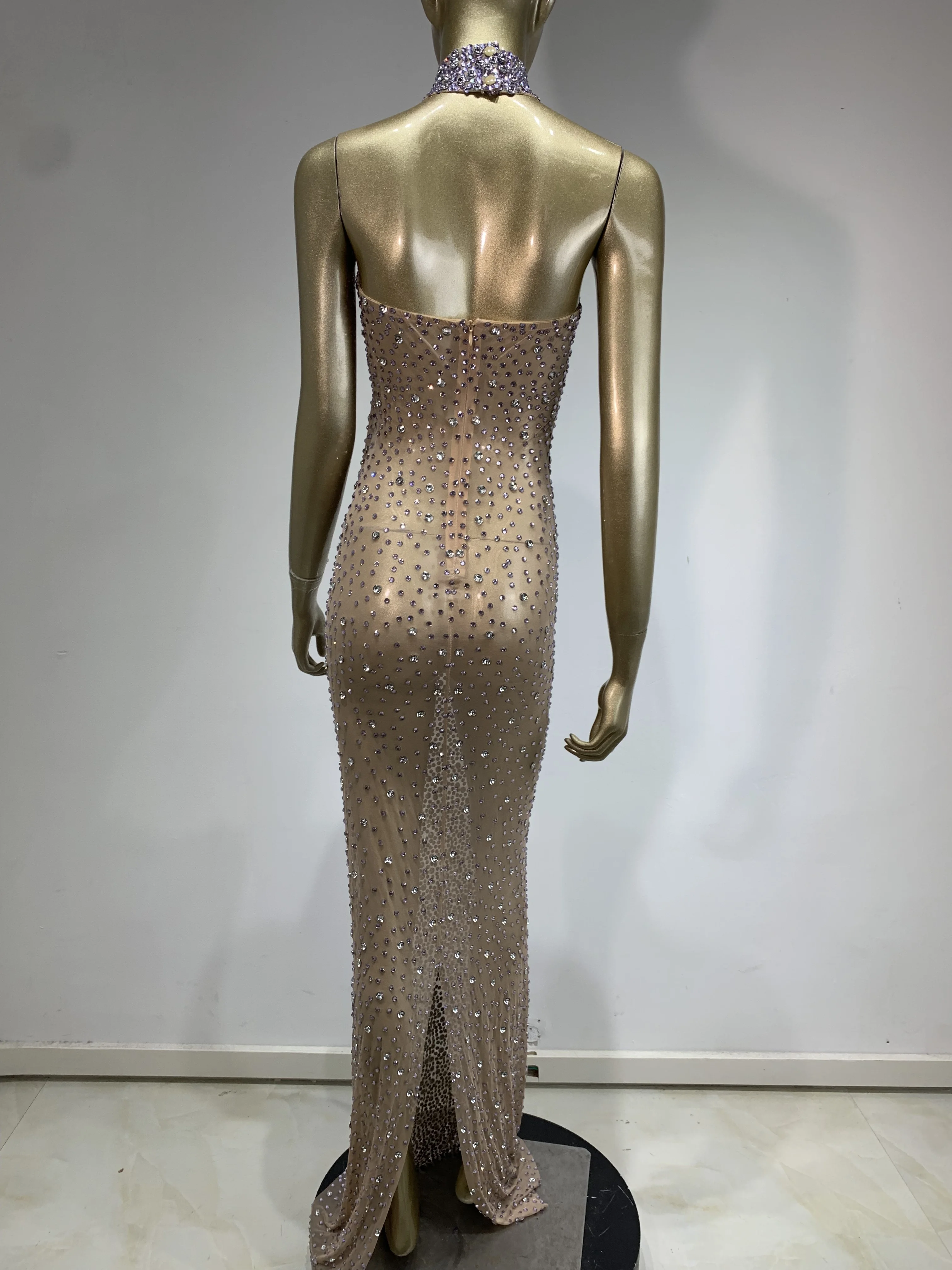 Sexy Shinny Rhinestones See Through Elegant Prom Dress Women Birthday Celebrate Party Prom Nightclub Outfit Stage Costume
