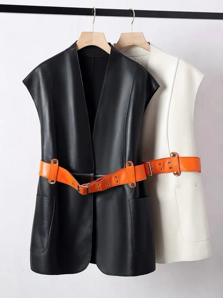 Gilets à col en V en cuir de mouton véritable pour femmes, gilet de créateur, ceinture, haute qualité, tout neuf, printemps, 2023, B773