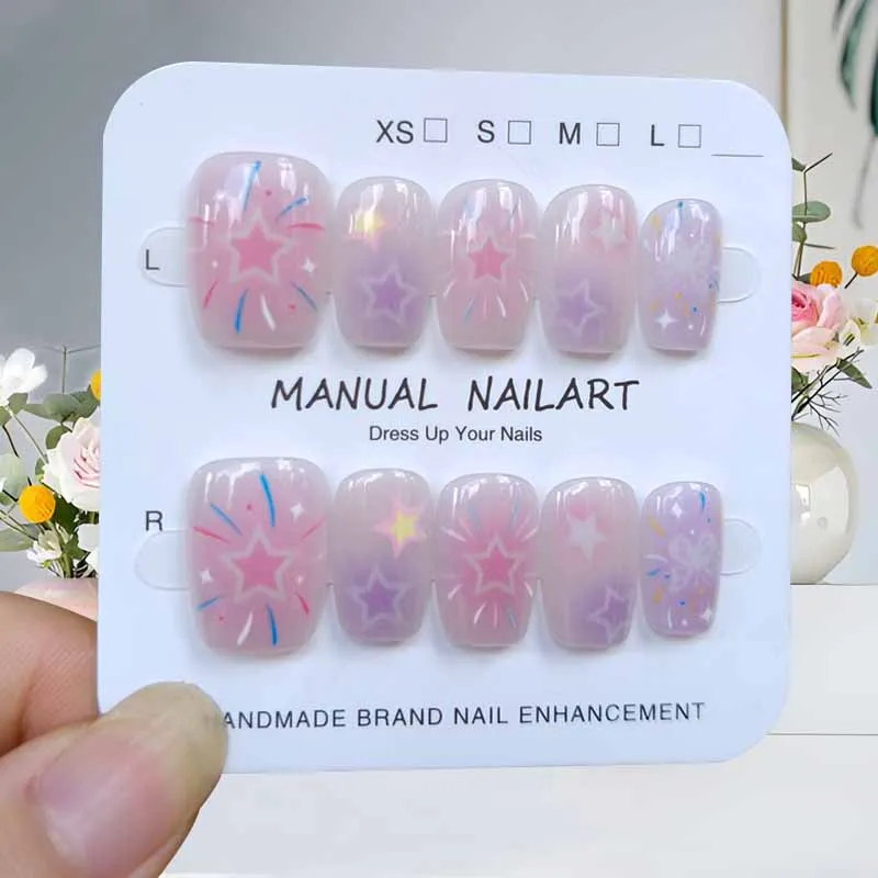 

10 шт., красочные милые пиротехнические Y2K, французский стиль, пресс для ногтей, милые накладки для маникюра в форме сердца, съемные типсы для ногтей