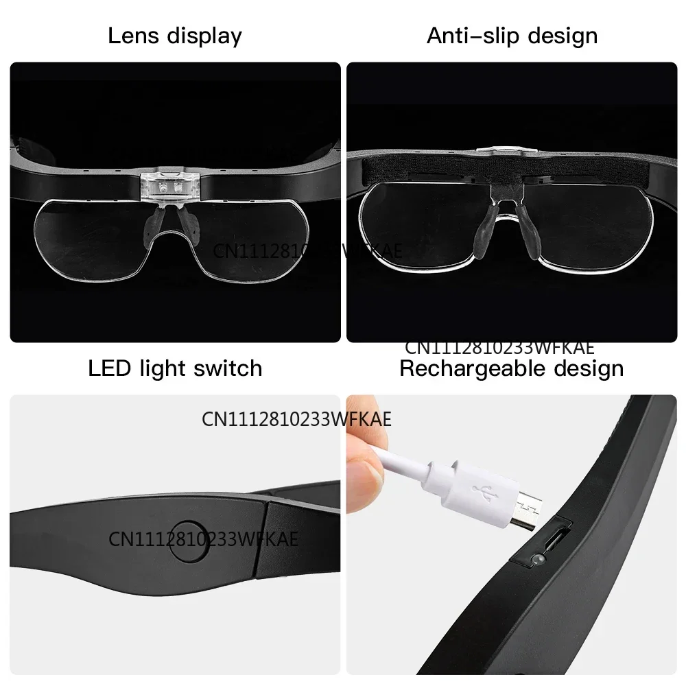 USB rechargeable reading magnifying glass 1.5/2 5/3.5/5.0 times, with LED light, watchmaker repair wear