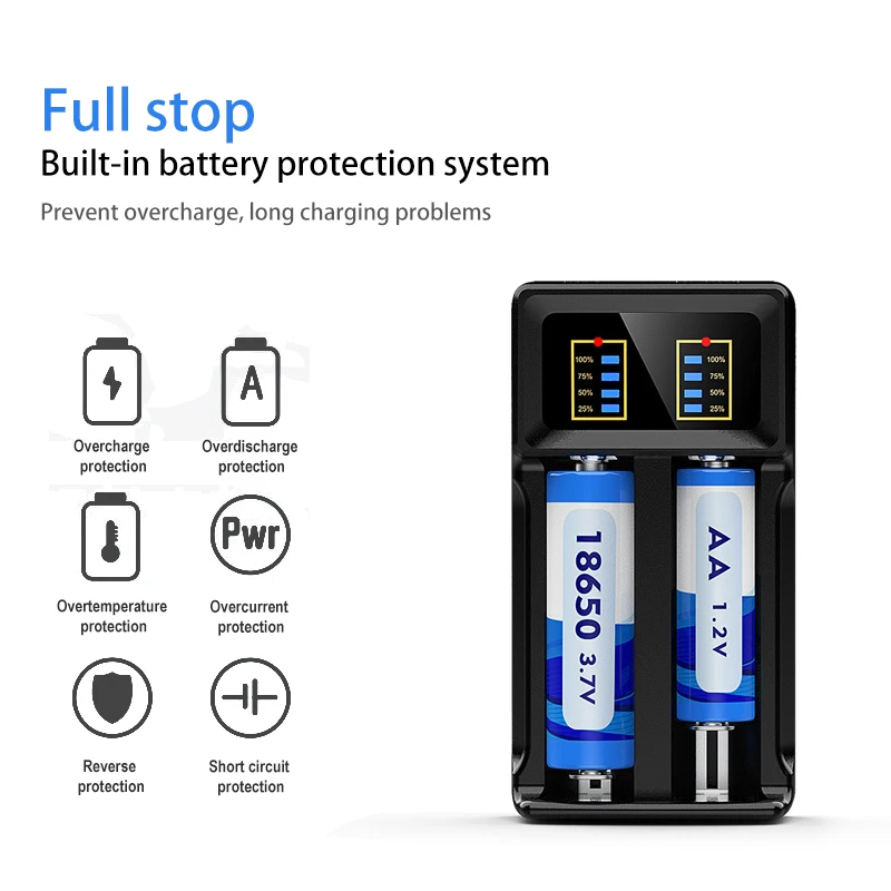 2 Slots USB 18650 Battery Charger Smart Charging 18650 26650 18350 32650 21700 26700 26500 Li-Ion Rechargeable Battery Charger