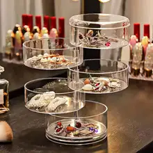 Caixa de armazenamento cosmética transparente rotativa redonda com tampa, recipiente para armazenamento de anel de jóias para penteadeira e banheiro