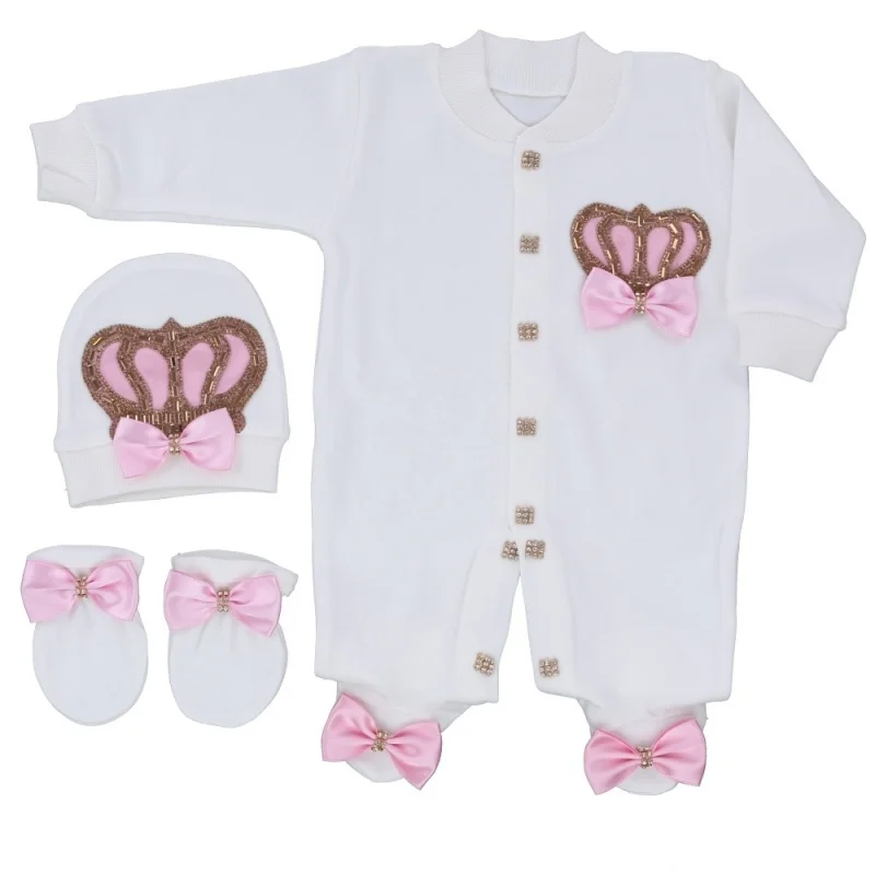 Rose Gold Pink Crown & Bow Baby Outfit Set, Soft Cotton Newborn Romper with Hat & Mittens, Sparkly Rhinestone Design