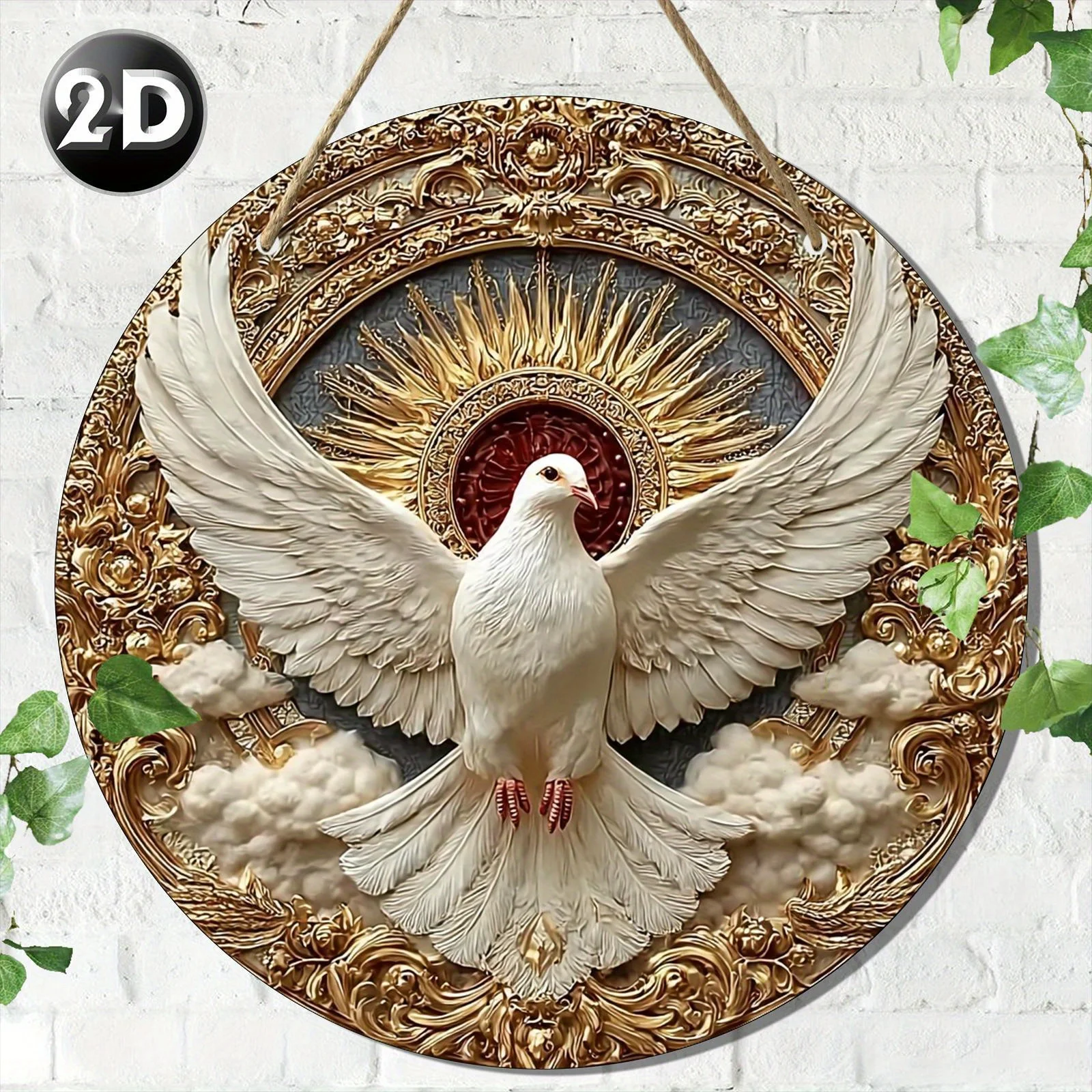 2D Flat - 2D Printed on a Flat Surface, 1pc, White Dove, Center, Decorative Themed Round Wooden Sign (8*8In/20*20Cm), a Decorati