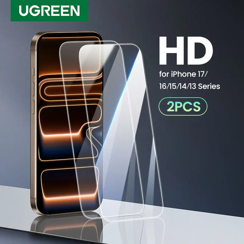 UGREEN 2PCS 2.5D High Clear Transparent Screen Protector for iPhone 17 16 15 Pro Max Tempered Glass Film for iPhone 17