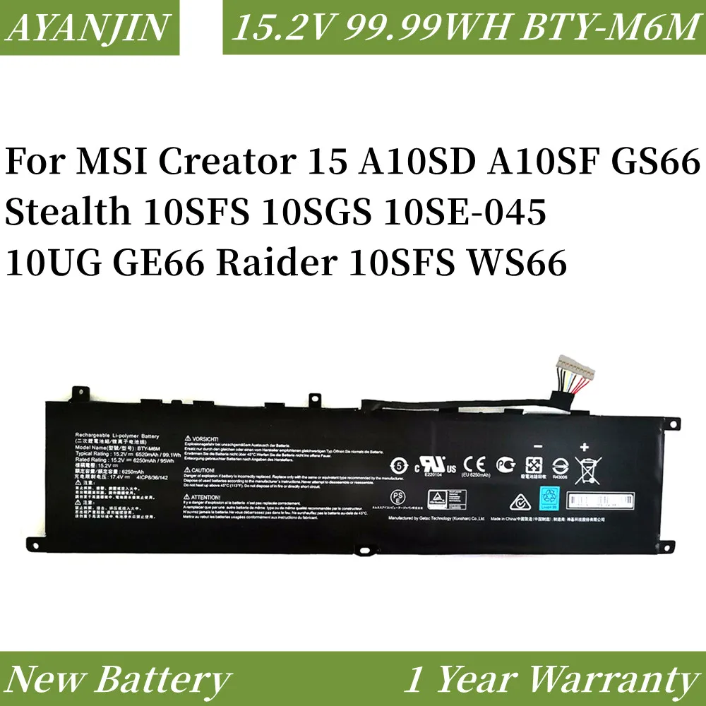 

BTY-M6M Laptop Battery For MSI Creator 15 A10SD A10SF GS66 Stealth 10SFS 10SGS 10SE-045 10UG GE66 Raider 10SFS WS66 BTY-M6M