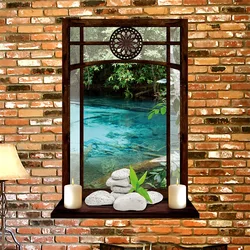 Garden Moonlight Aesthetic Rooms Window Art Green Plants Clear Water Scenery Vinyl Wall Stickers Removable for Home Decoration