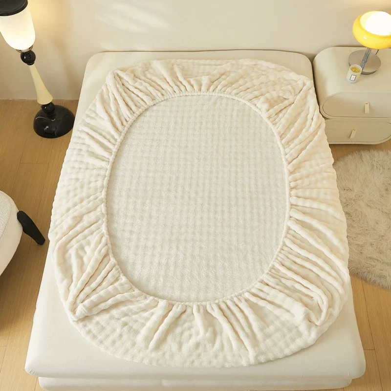 Imitation Rabbit Plush Warm Winter Fitted Sheet Solid Color Soft Plush Mattress Protector Single Double Size Faux Fur Bed Sheet