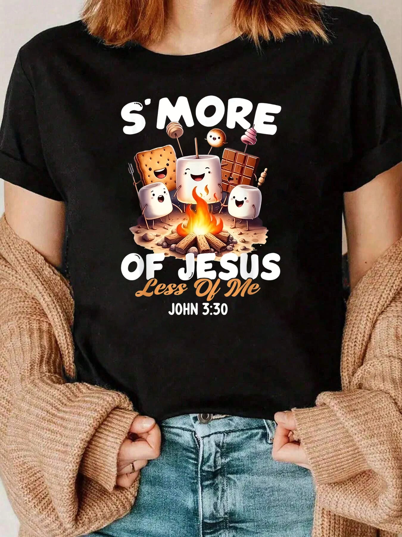 S More Of Jesus Less Of Me Campfire Marshmallow Design T Shirt Christian Faith Gift For Women 220g