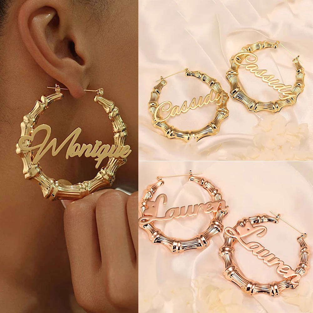 

30mm-100mm Bamboo Bone Earrings Customize Name Earrings Hoop Bamboo Style Personality Stainless Steel Earrings Jewelry Gift