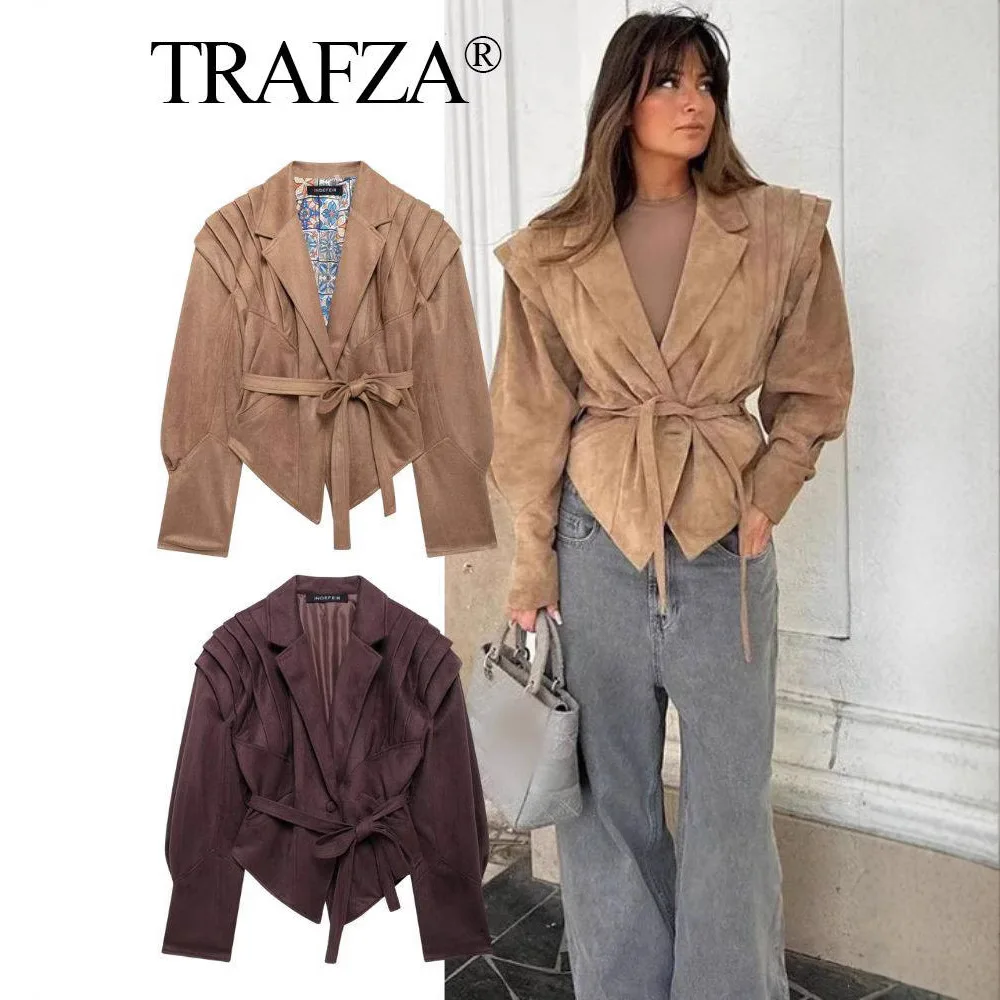 Women Autumn Belted Suede Slim Fit Bomber Jacket European American Style Coat