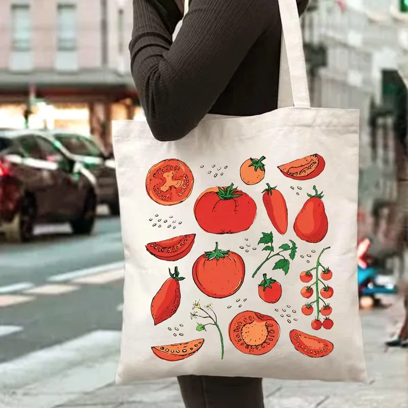 

Hand-Drawn Tomato Illustration Tote Bag - Reusable Shopping Bag with Vibrant Vegetable Prints for Grocery and Everyday Us