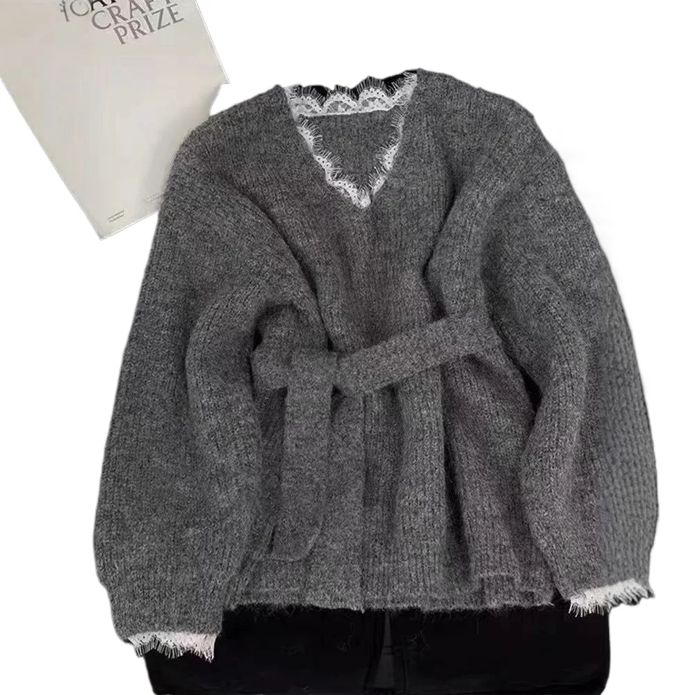 

Модный кружевной свитер с v-образным вырезом, женский весенне-осенний вязаный топ с длинными рукавами, французский элегантный свободный пуловер