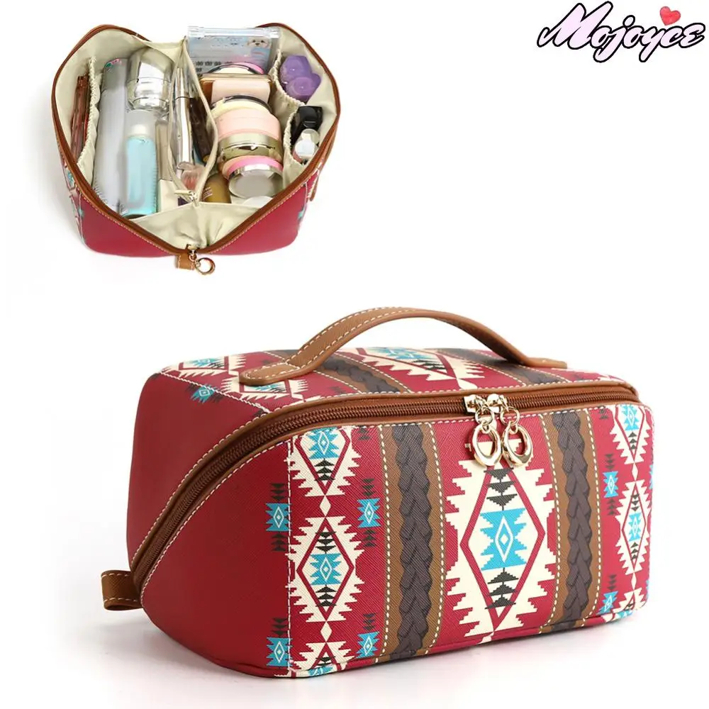 Bohemian Style Cosmetic Bag PU Leather Women Travel Makeup Bag with Handle Large Capacity Skincare Toiletry Bag New Storage Bags